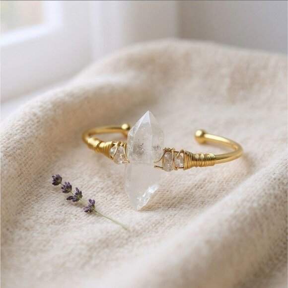 Herkimer Diamond ✦ Wire Wrap Cuff Bracelet ✦ 14Kt Gold Over Copper Adjustable